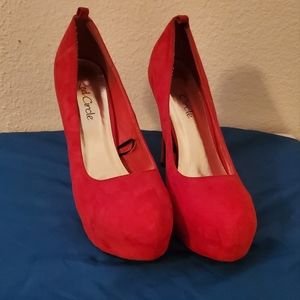 Red faux suede heels